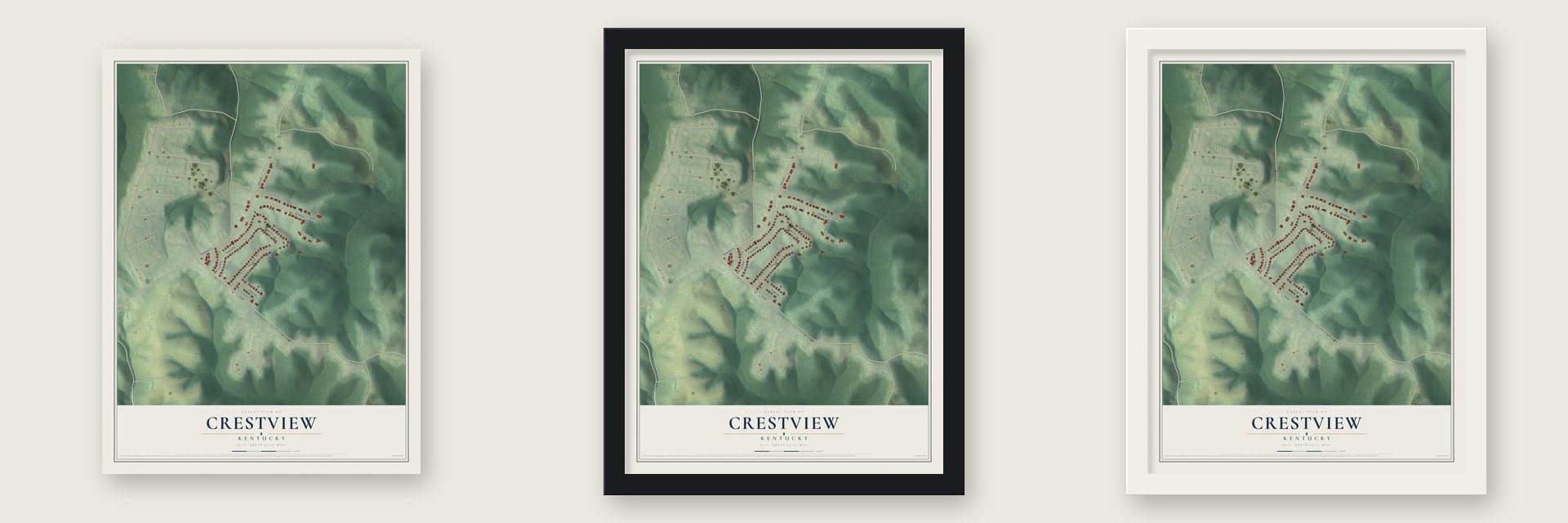 Crestview, Kentucky map unframed, in a black wood frame and in a white wood frame