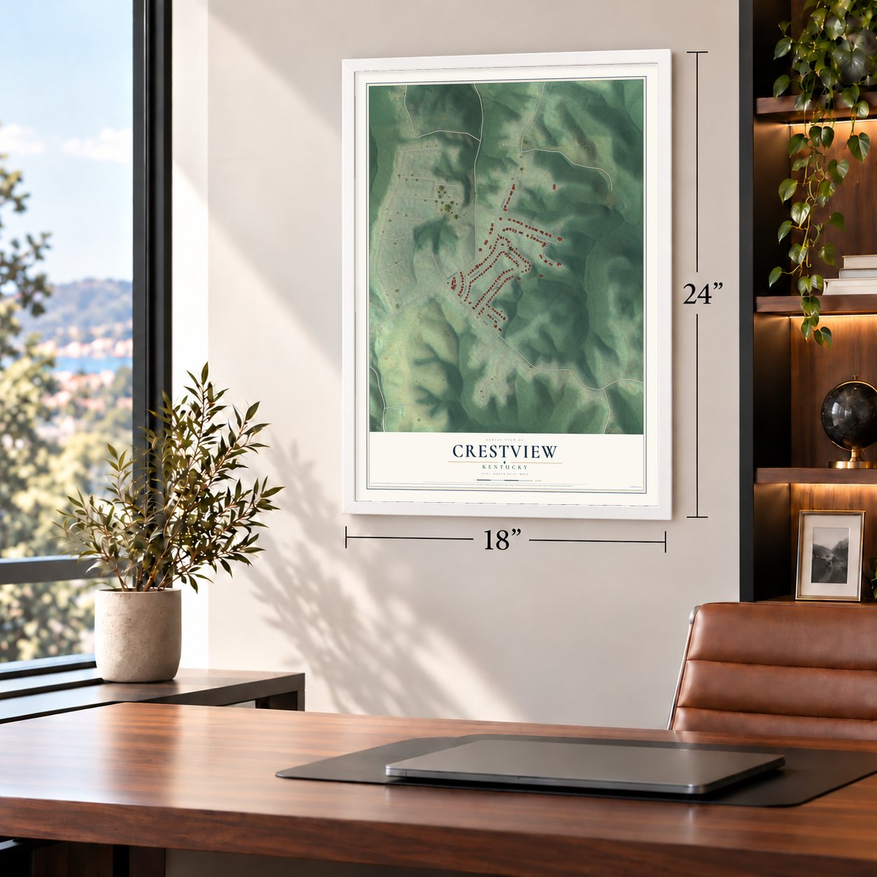 Crestview, Kentucky map, 18 x 24 inch print in a white frame in a home office