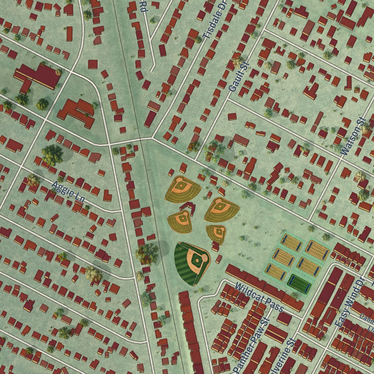 Second close-up of the map of Crestview, Texas print showing more streets and buildings