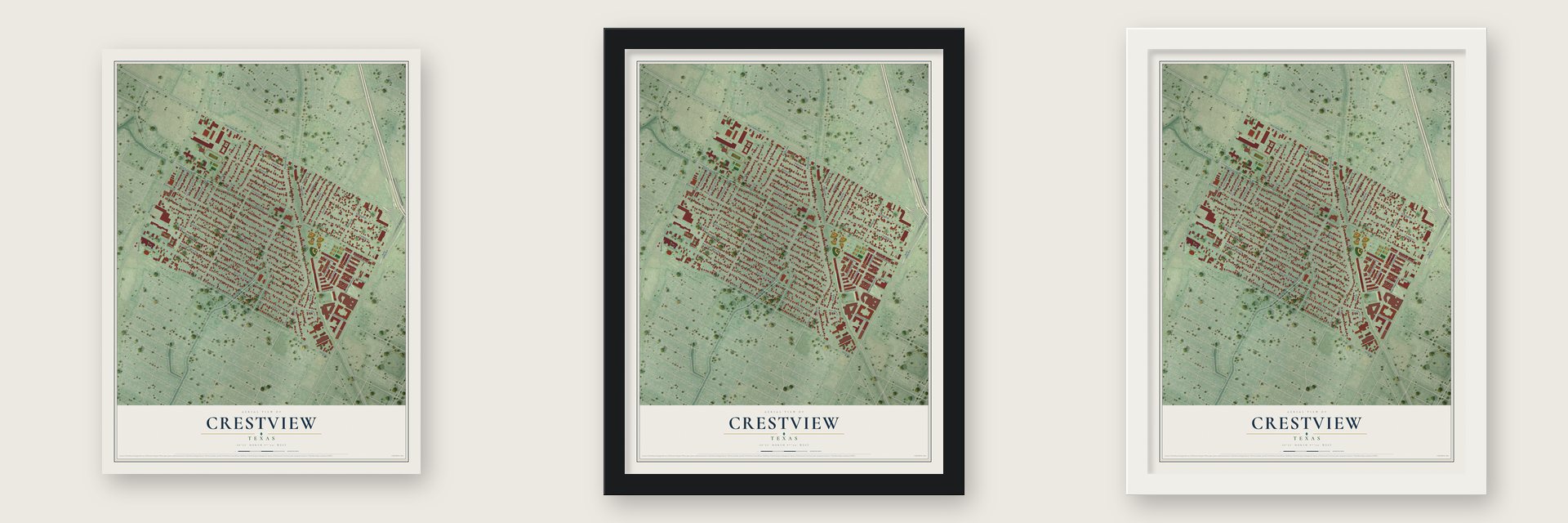 Crestview, Texas map unframed, in a black wood frame and in a white wood frame