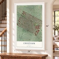 Crestview, Texas map, 24 x 36 inch print in a white frame by a staircase