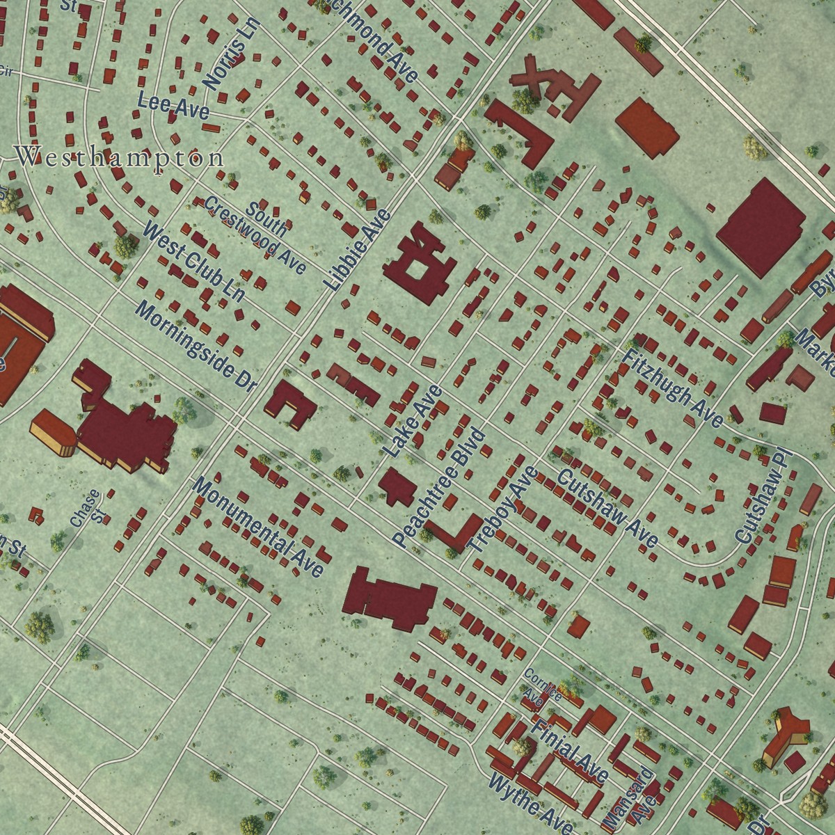 Second close-up of the map of Crestview, Virginia print showing more streets and buildings