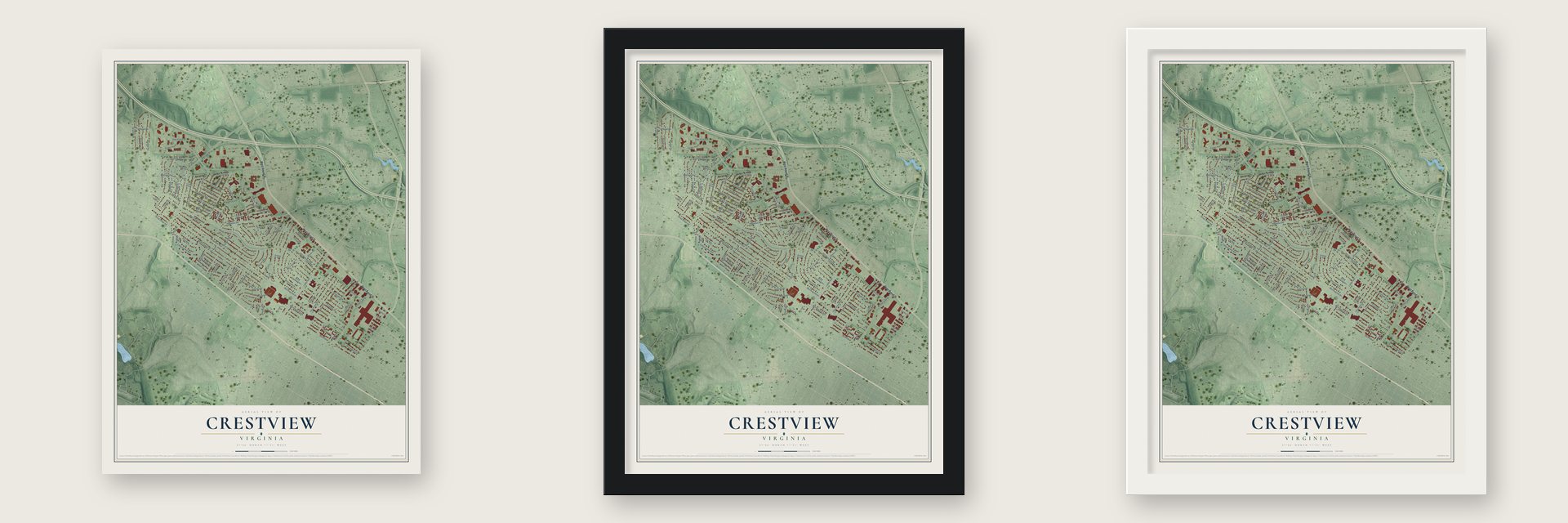 Crestview, Virginia map unframed, in a black wood frame and in a white wood frame