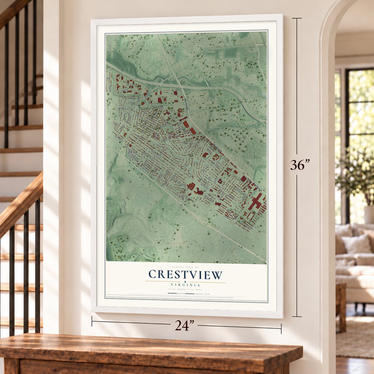 Crestview, Virginia map, 24 x 36 inch print in a white frame by a staircase