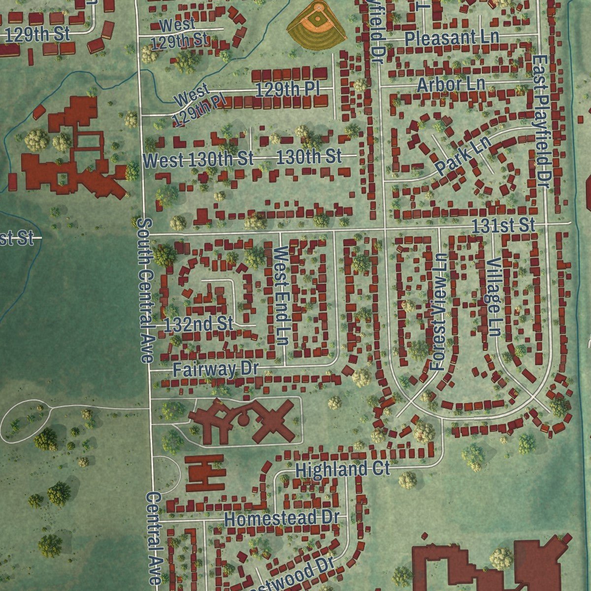 Second close-up of the map of Crestwood, Illinois print showing more streets and buildings