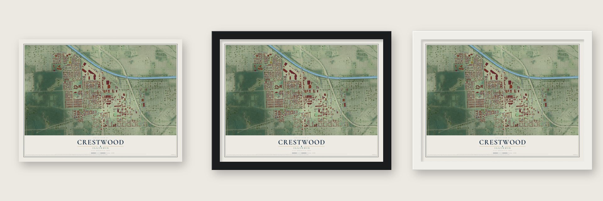 Crestwood, Illinois map unframed, in a black wood frame and in a white wood frame