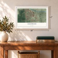 Crestwood, Illinois map, 12 x 18 inch print in a white frame in an entryway