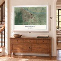 Crestwood, Illinois map, 24 x 36 inch print in a white frame above a dresser by a staircase