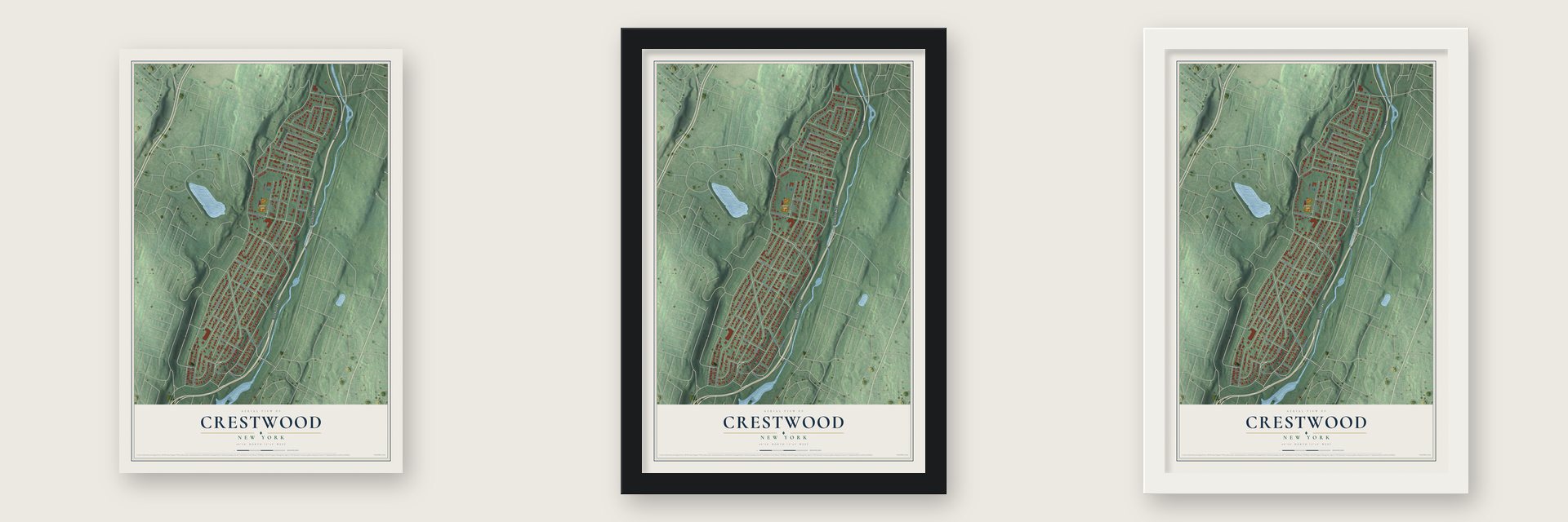 Crestwood, New York map unframed, in a black wood frame and in a white wood frame