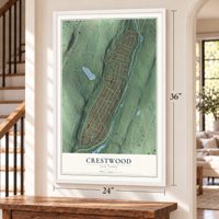 Crestwood, New York map, 24 x 36 inch print in a white frame by a staircase