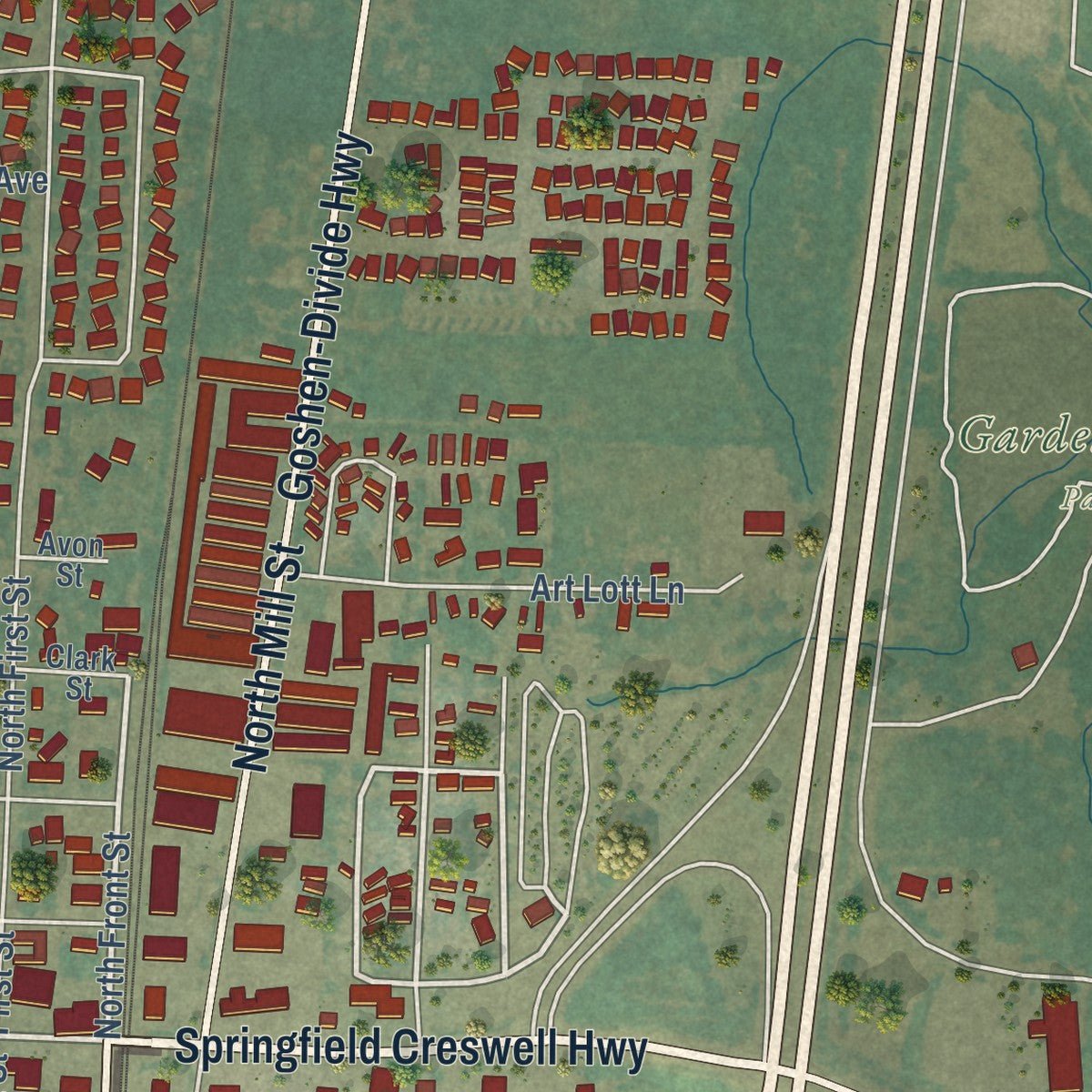 Second close-up of the map of Creswell, Oregon print showing more streets and buildings