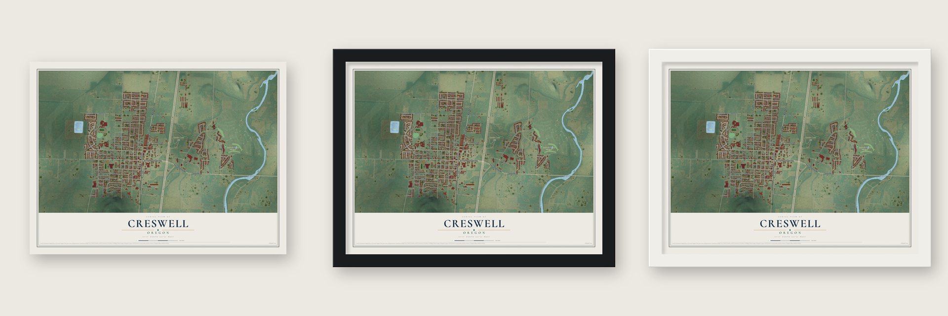 Creswell, Oregon map unframed, in a black wood frame and in a white wood frame