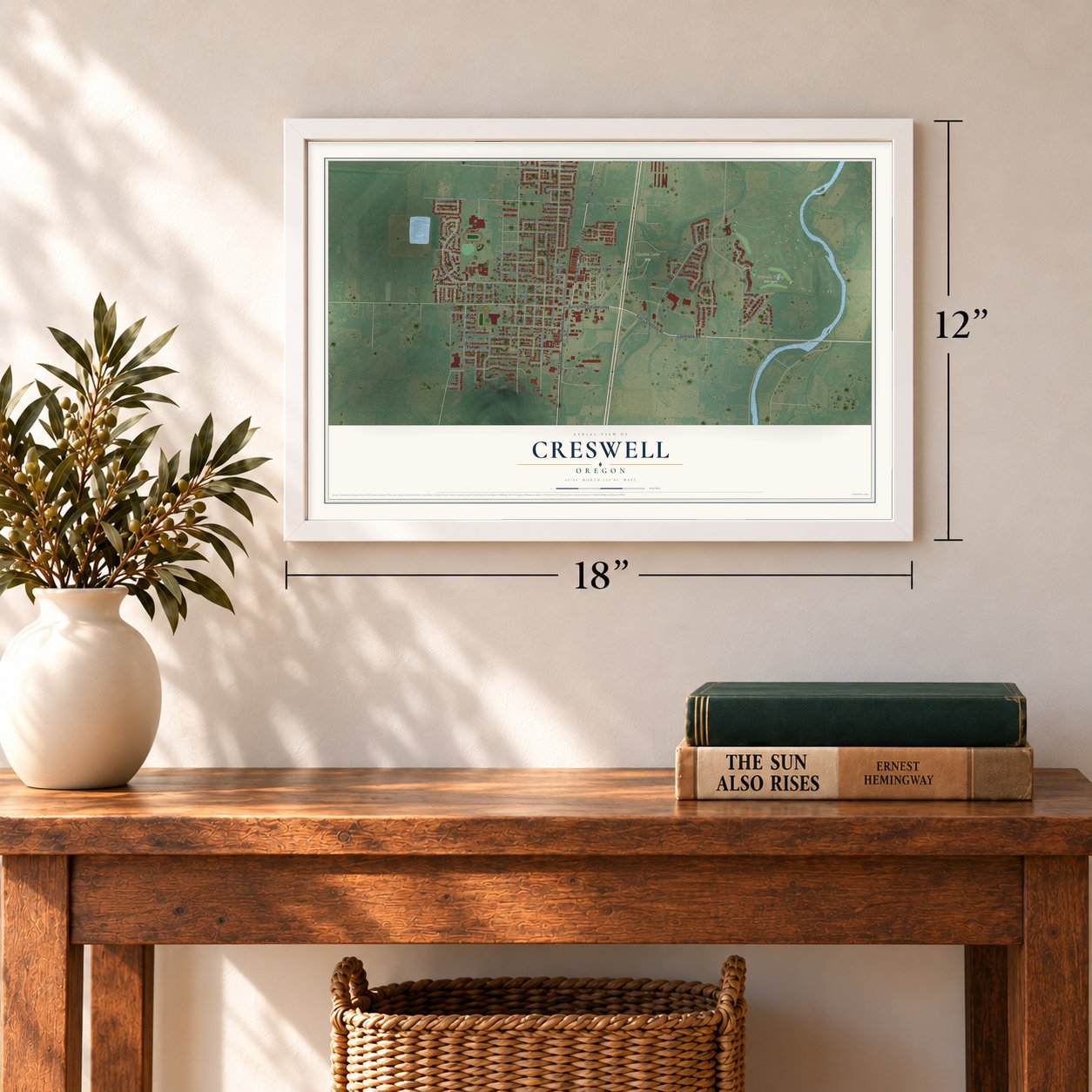 Creswell, Oregon map, 12 x 18 inch print in a white frame in an entryway