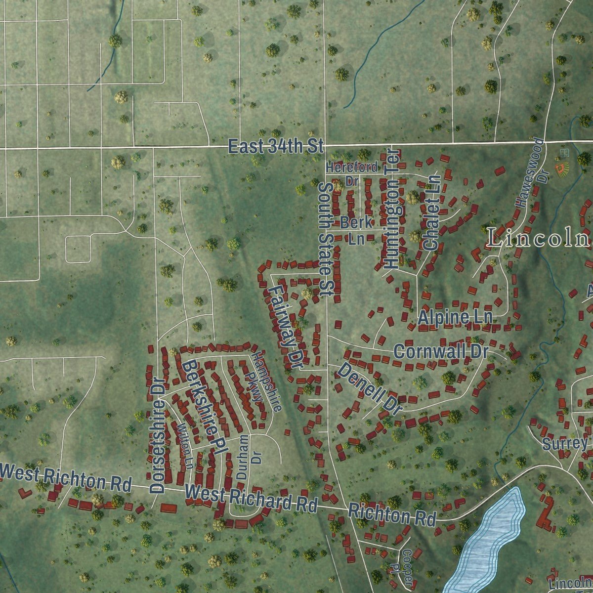 Second close-up of the map of Crete, Illinois print showing more streets and buildings