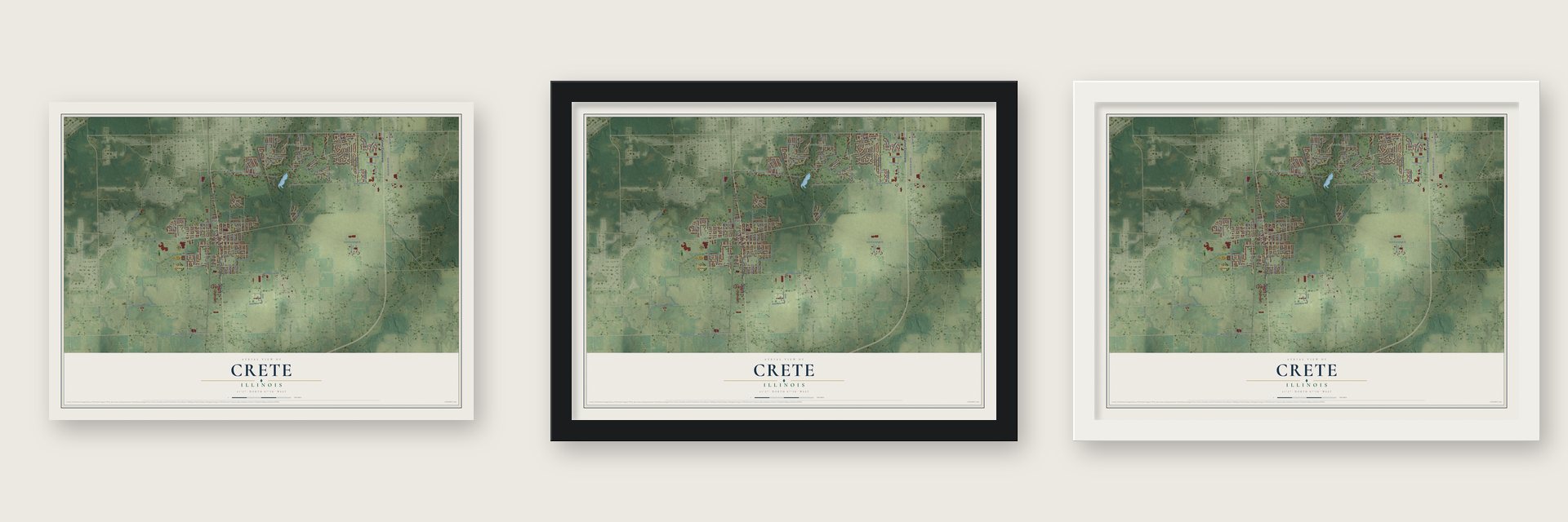 Crete, Illinois map unframed, in a black wood frame and in a white wood frame