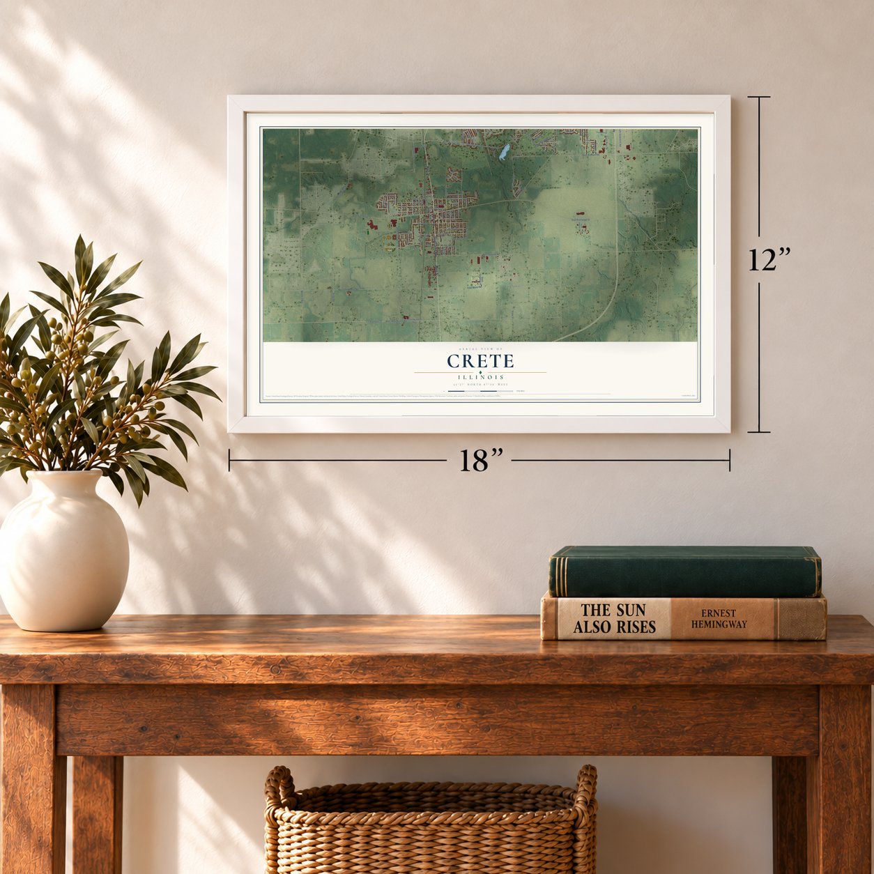 Crete, Illinois map, 12 x 18 inch print in a white frame in an entryway
