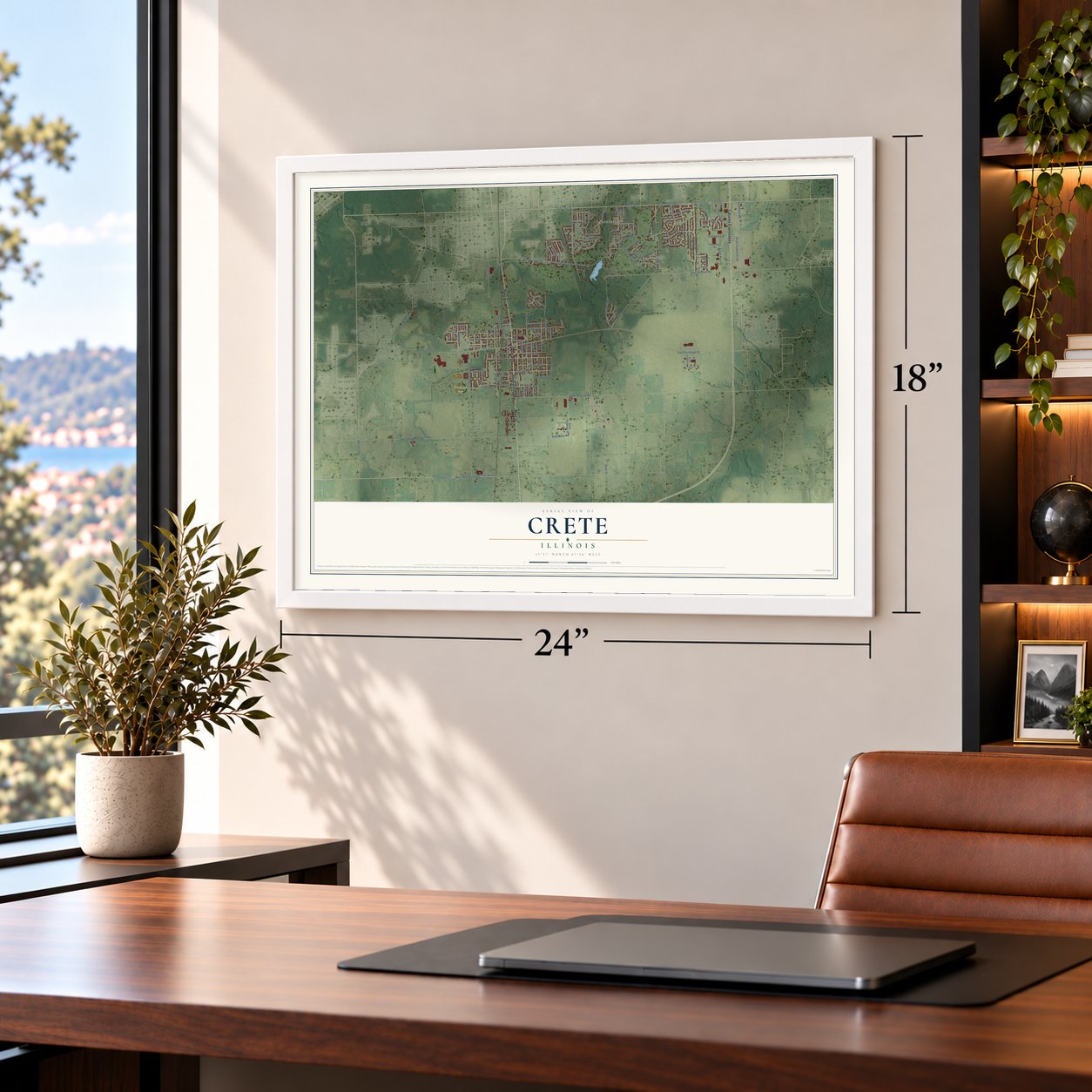 Crete, Illinois map, 18 x 24 inch print in a white frame in a home office