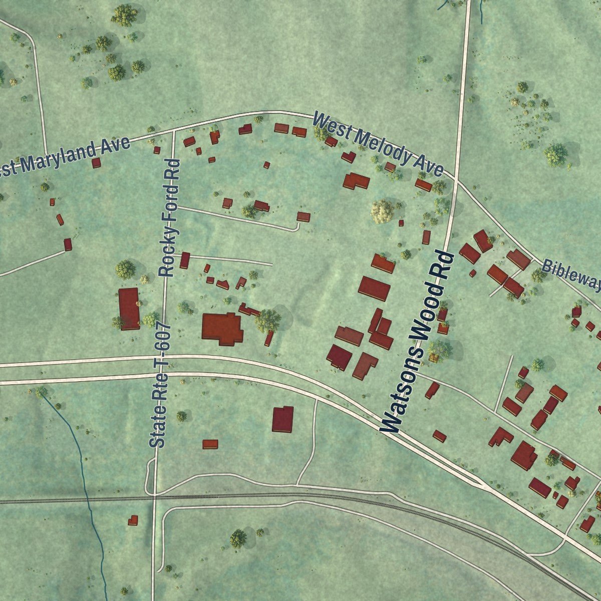 Second close-up of the map of Crewe, Virginia print showing more streets and buildings