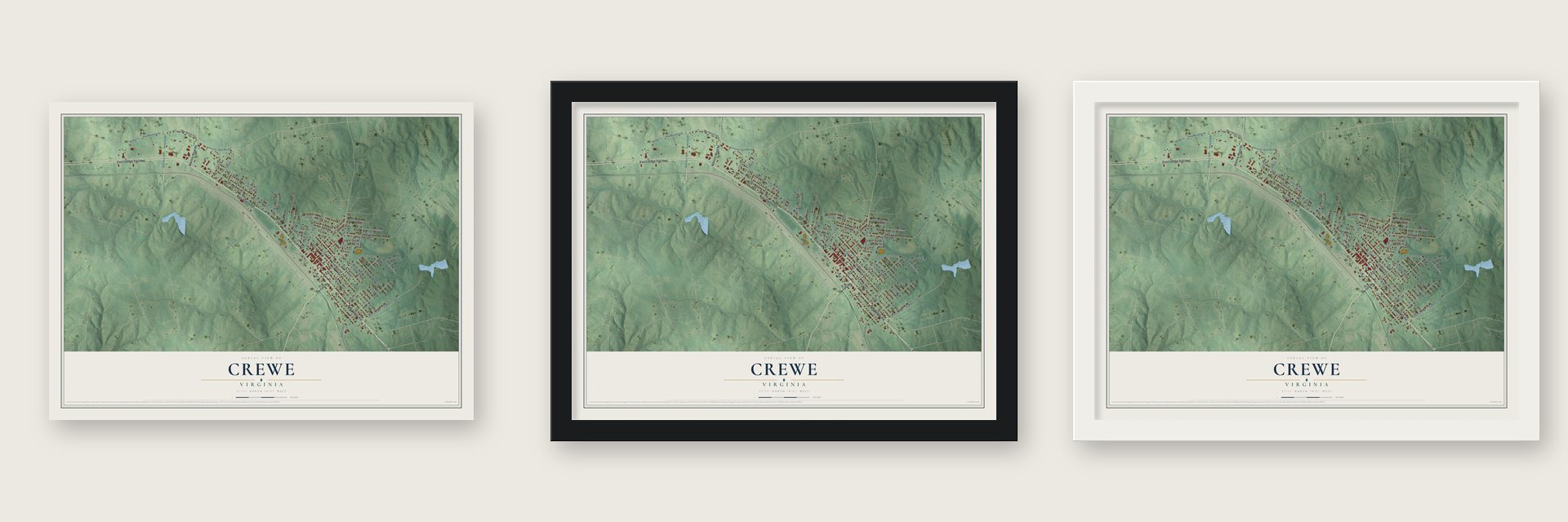 Crewe, Virginia map unframed, in a black wood frame and in a white wood frame