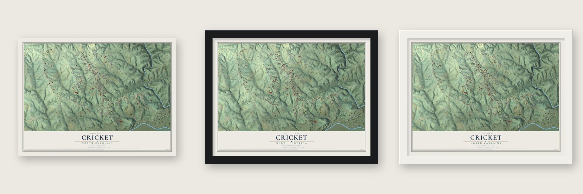 Cricket, North Carolina map unframed, in a black wood frame and in a white wood frame