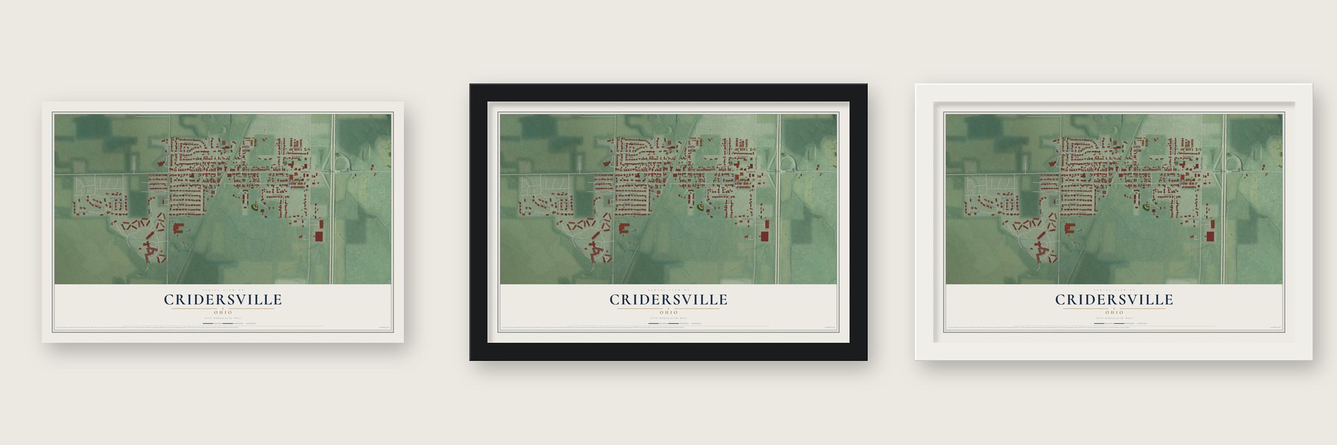 Cridersville, Ohio map unframed, in a black wood frame and in a white wood frame