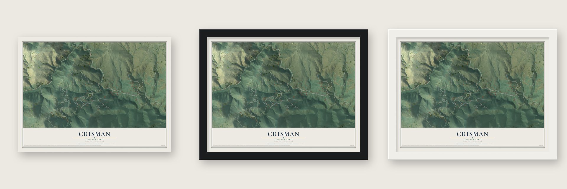 Crisman, Colorado map unframed, in a black wood frame and in a white wood frame