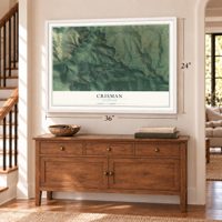 Crisman, Colorado map, 24 x 36 inch print in a white frame above a dresser by a staircase