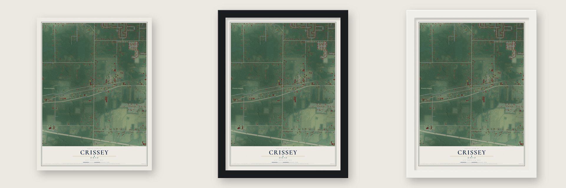 Crissey, Ohio map unframed, in a black wood frame and in a white wood frame
