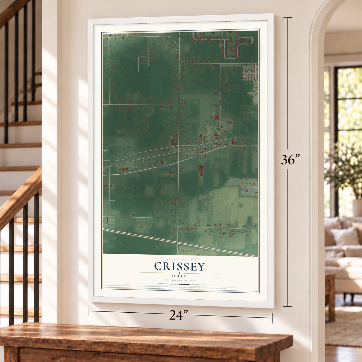 Crissey, Ohio map, 24 x 36 inch print in a white frame by a staircase