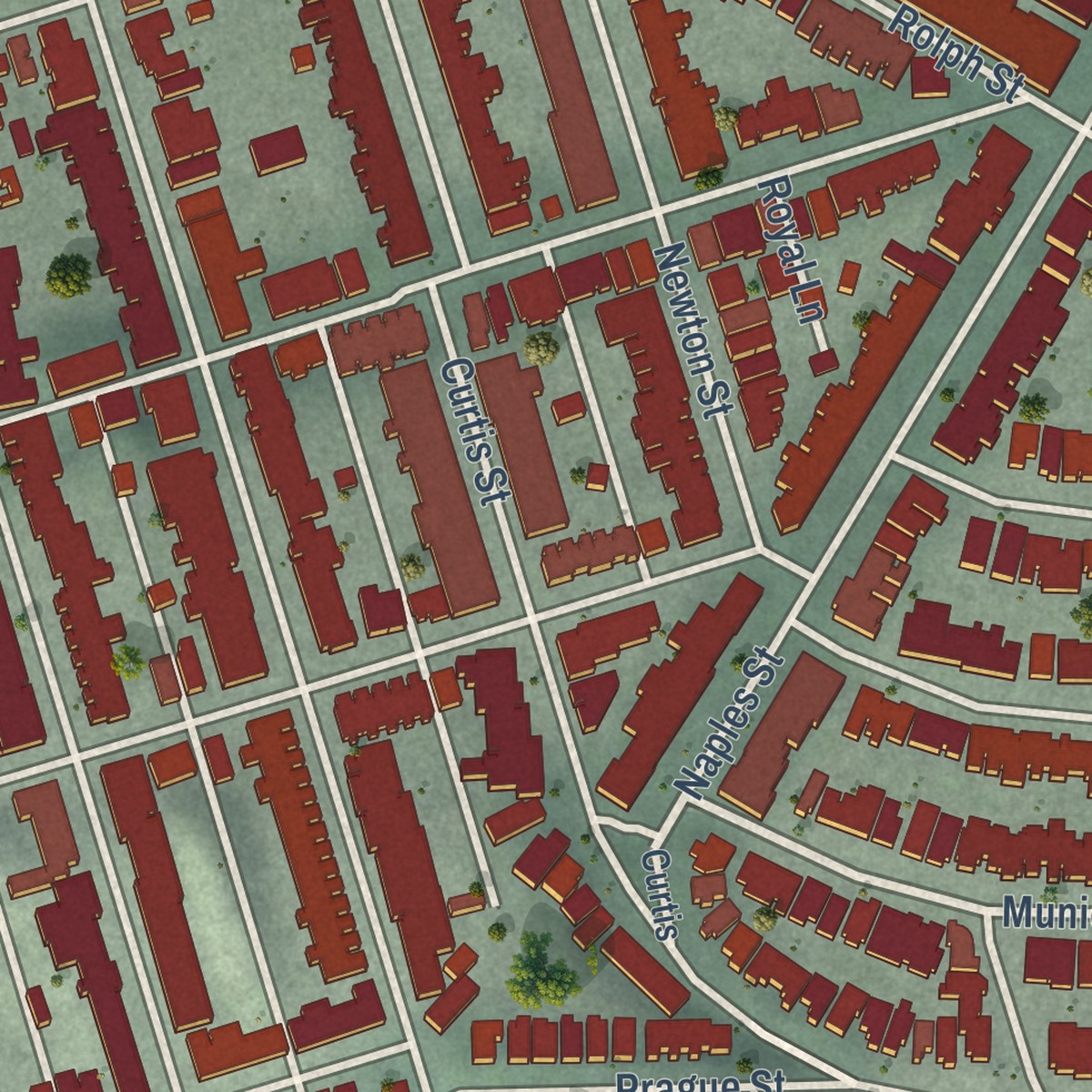 Second close-up of the map of Crocker Amazon, California print showing more streets and buildings