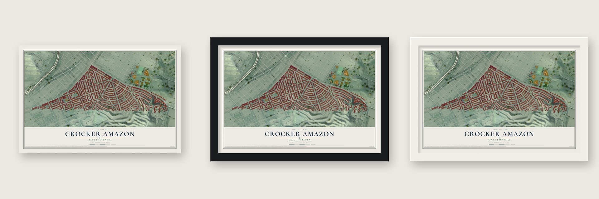 Crocker Amazon, California map unframed, in a black wood frame and in a white wood frame