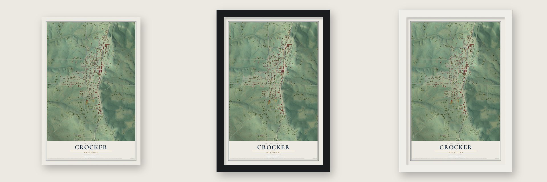 Crocker, Missouri map unframed, in a black wood frame and in a white wood frame