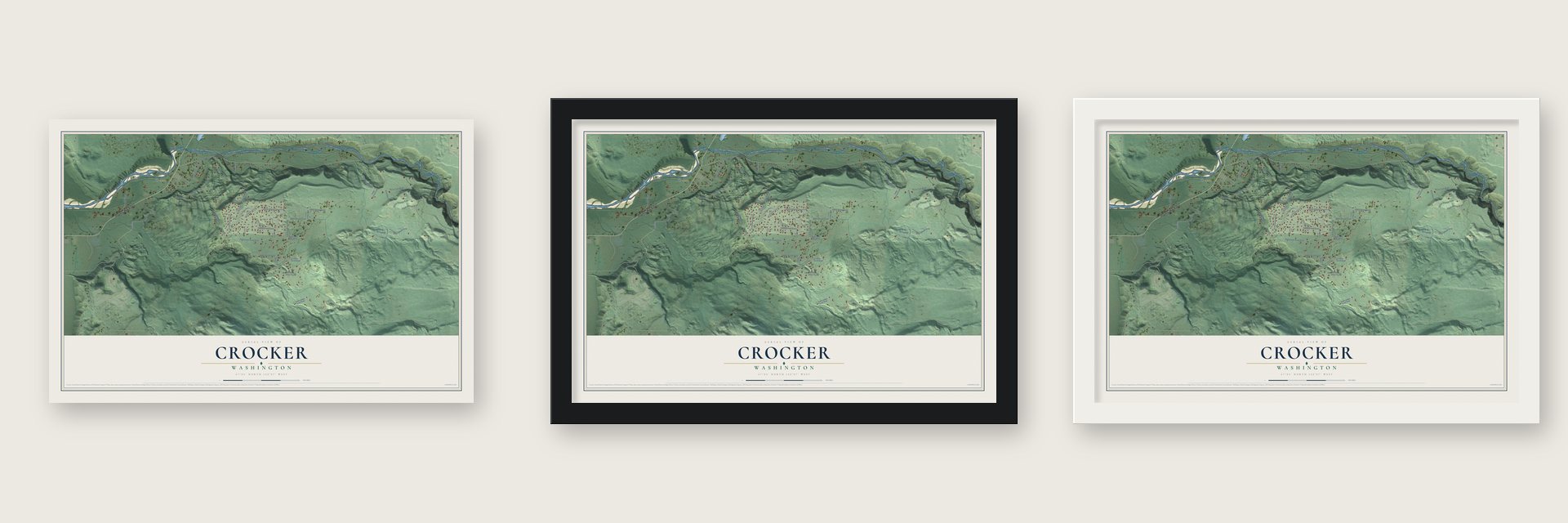 Crocker, Washington map unframed, in a black wood frame and in a white wood frame