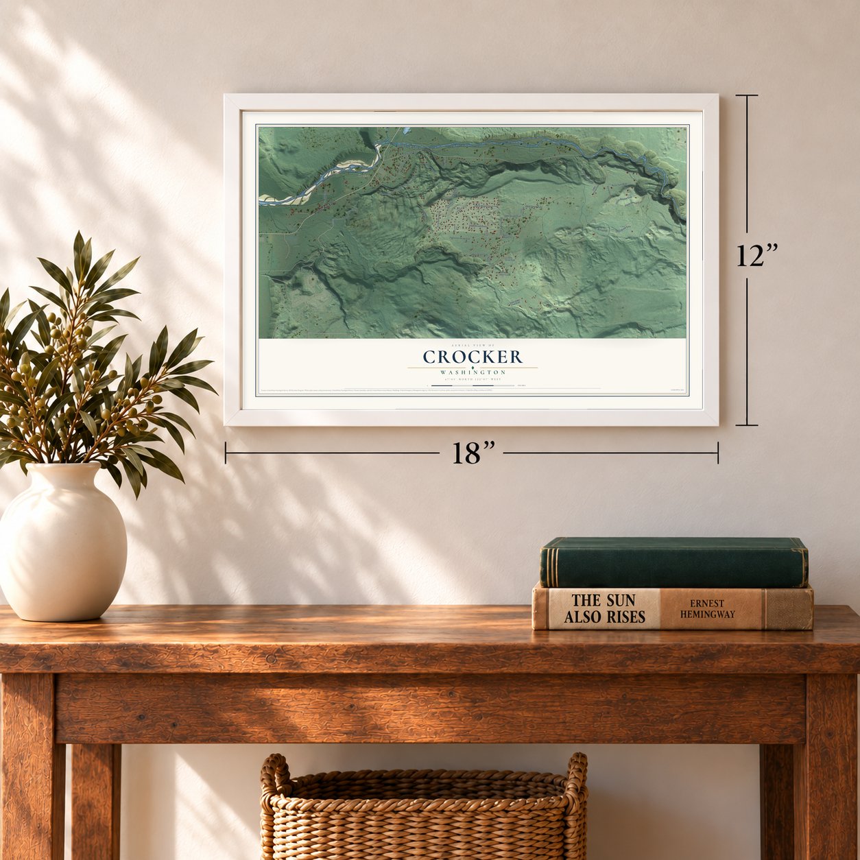 Crocker, Washington map, 12 x 18 inch print in a white frame in an entryway