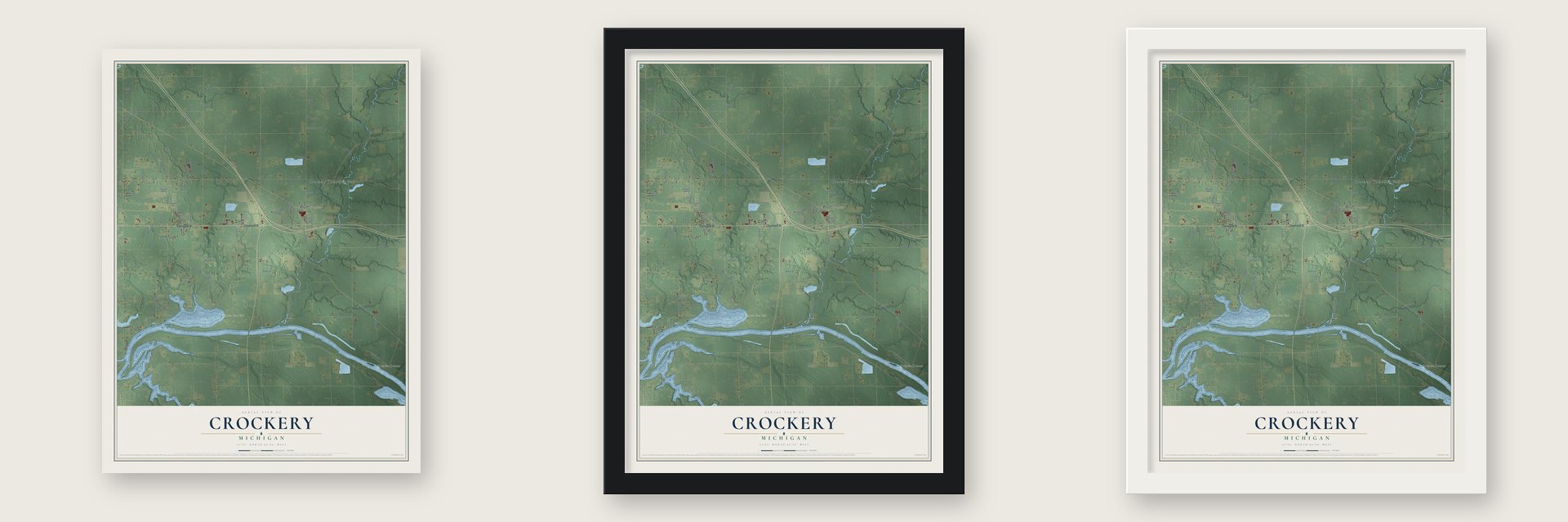 Crockery, Michigan map unframed, in a black wood frame and in a white wood frame