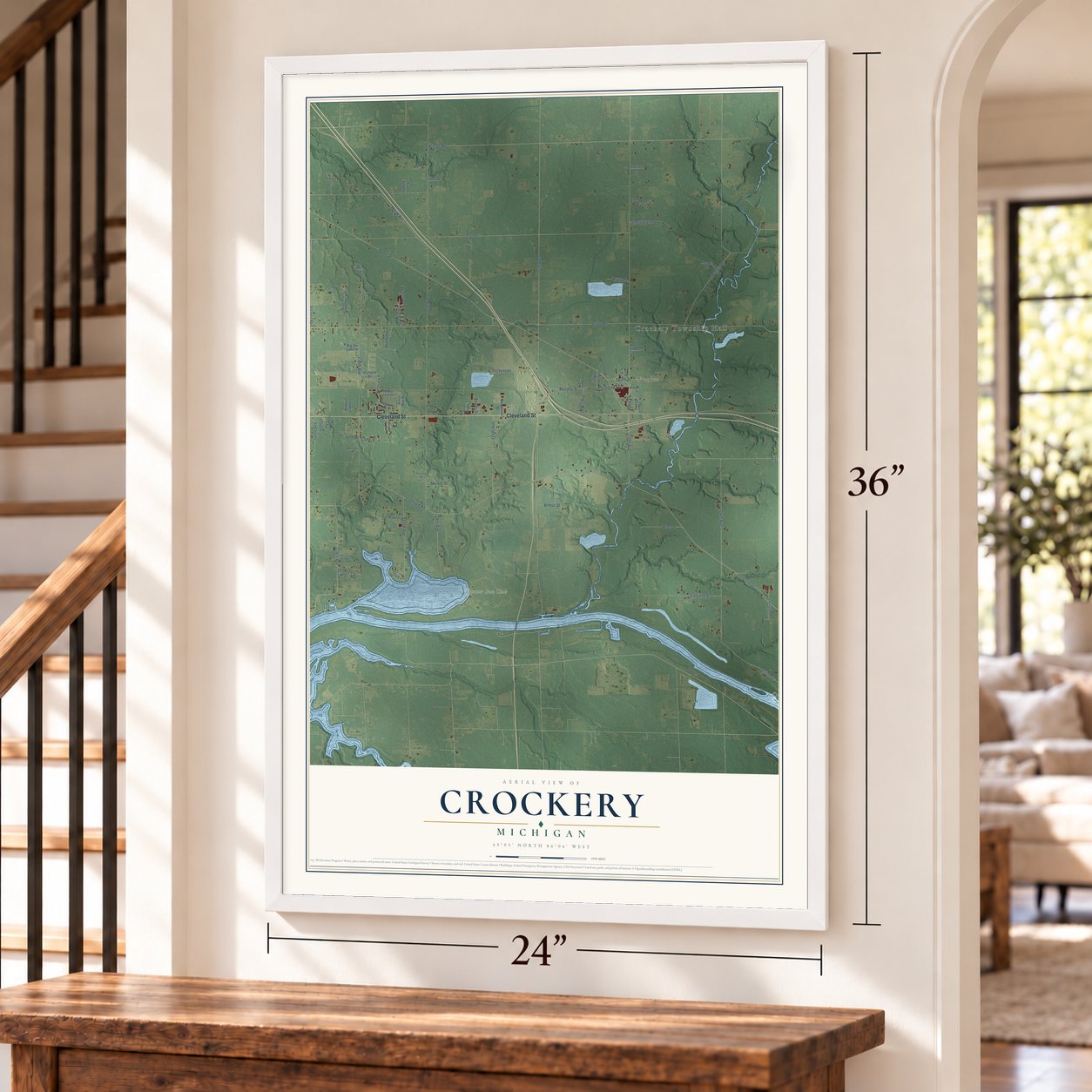Crockery, Michigan map, 24 x 36 inch print in a white frame by a staircase