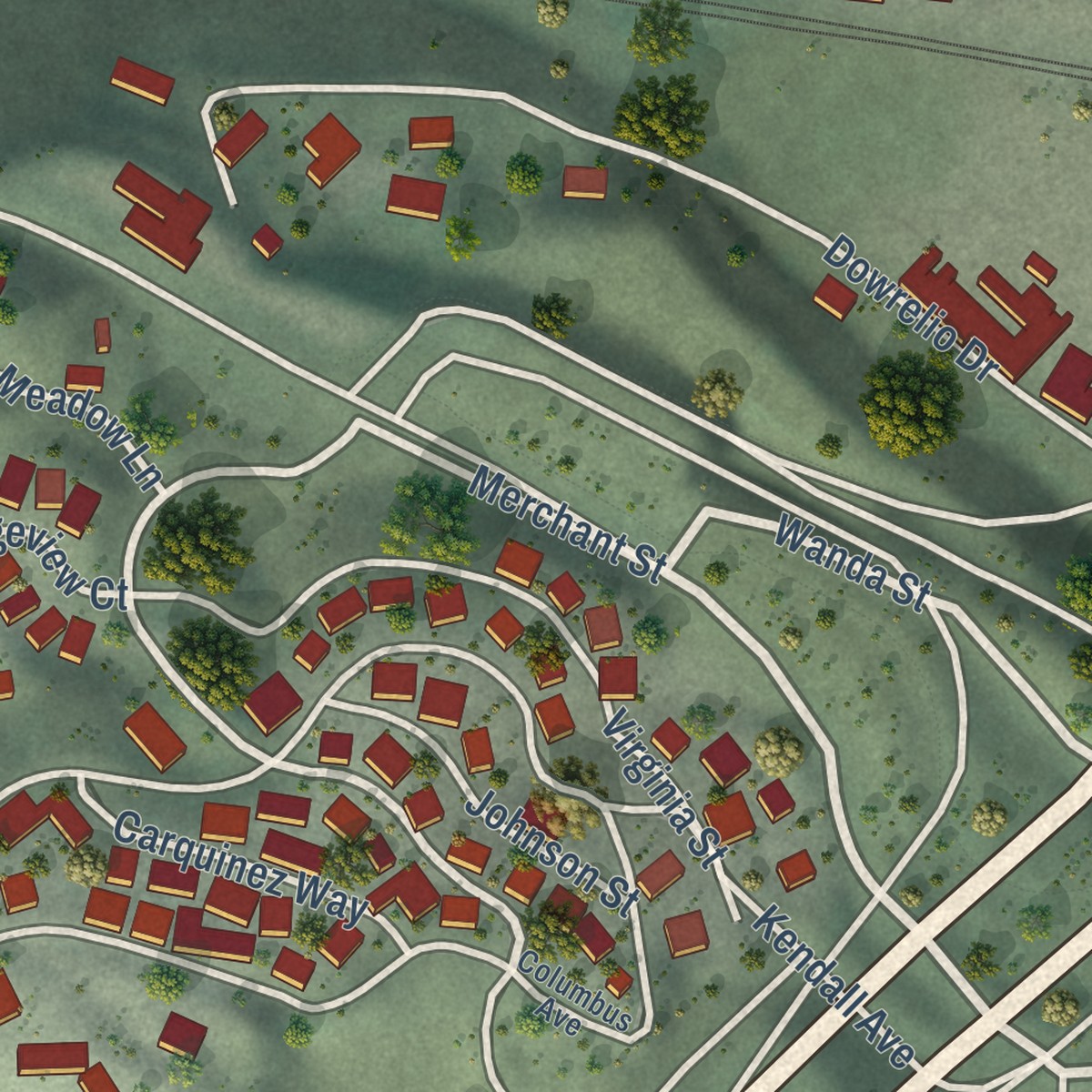 Second close-up of the map of Crockett, California print showing more streets and buildings
