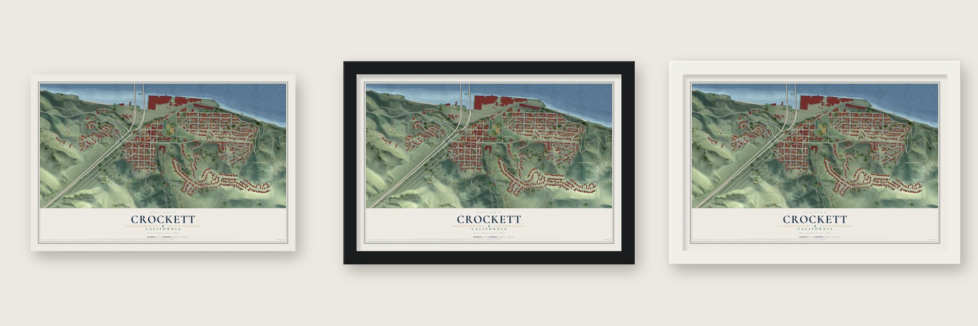 Crockett, California map unframed, in a black wood frame and in a white wood frame