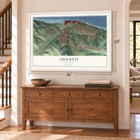 Crockett, California map, 24 x 36 inch print in a white frame above a dresser by a staircase