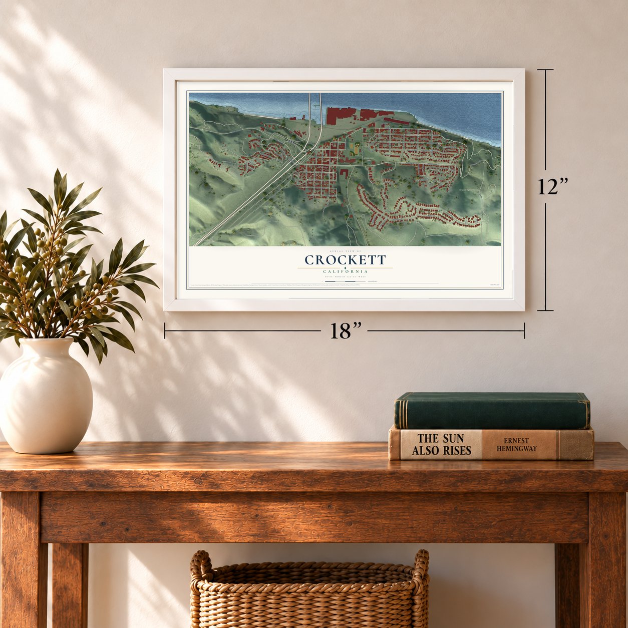 Crockett, California map, 12 x 18 inch print in a white frame in an entryway