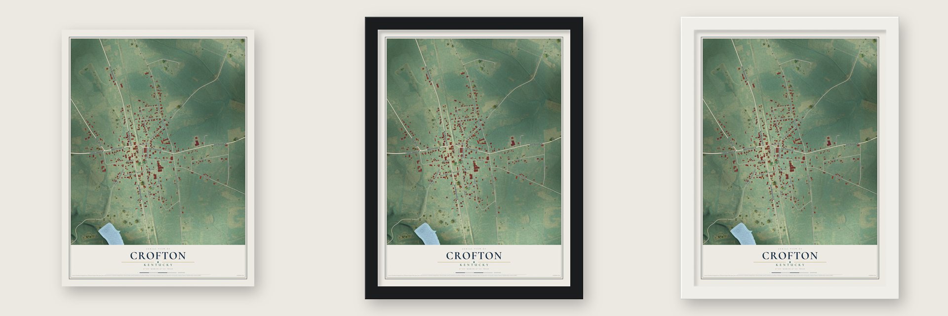 Crofton, Kentucky map unframed, in a black wood frame and in a white wood frame