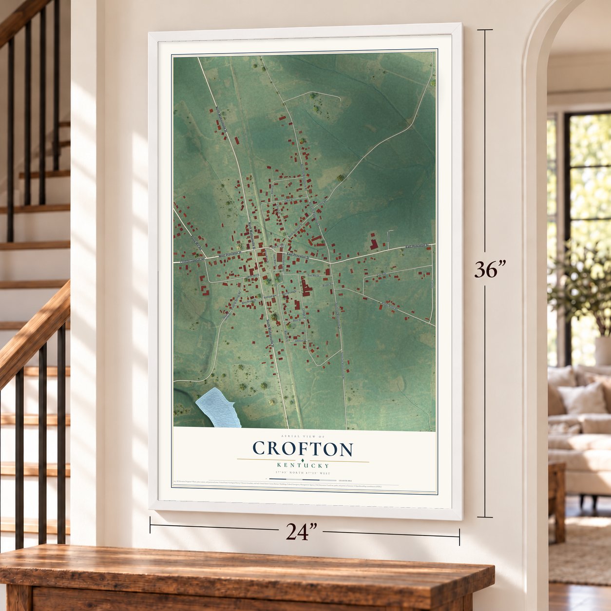 Crofton, Kentucky map, 24 x 36 inch print in a white frame by a staircase