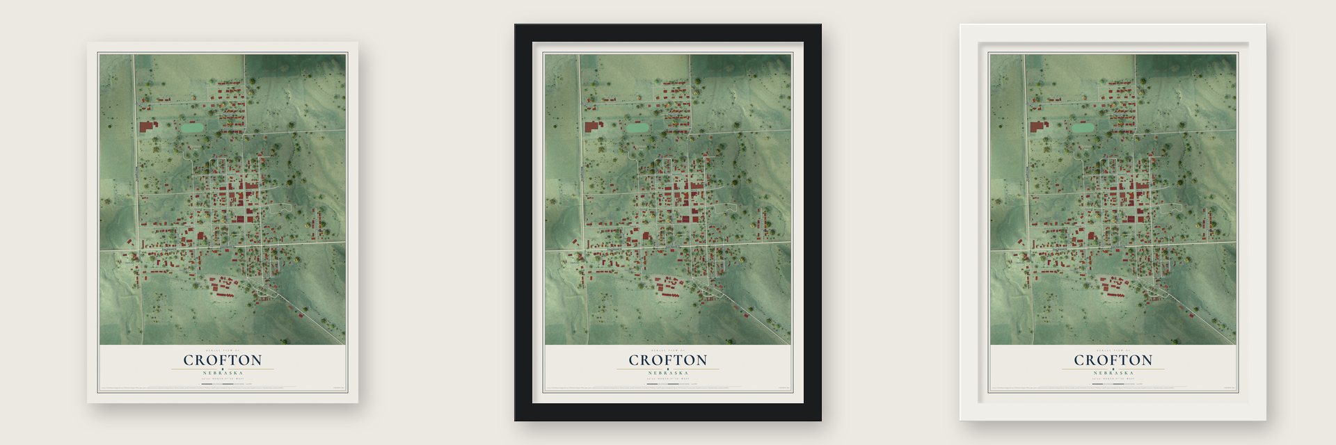 Crofton, Nebraska map unframed, in a black wood frame and in a white wood frame
