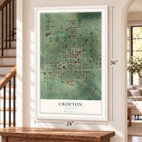 Crofton, Nebraska map, 24 x 36 inch print in a white frame by a staircase