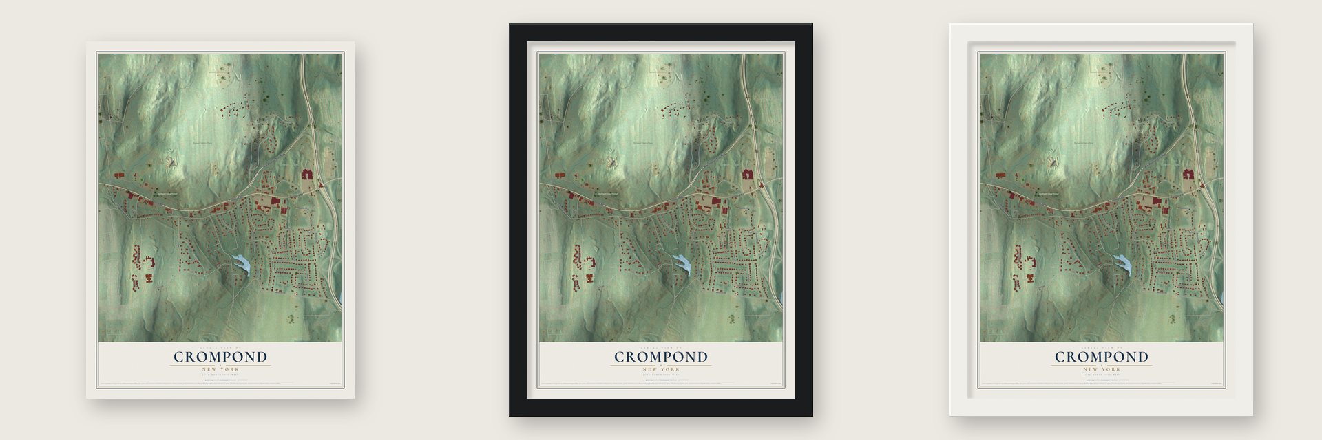 Crompond, New York map unframed, in a black wood frame and in a white wood frame