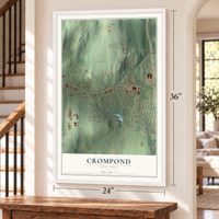 Crompond, New York map, 24 x 36 inch print in a white frame by a staircase