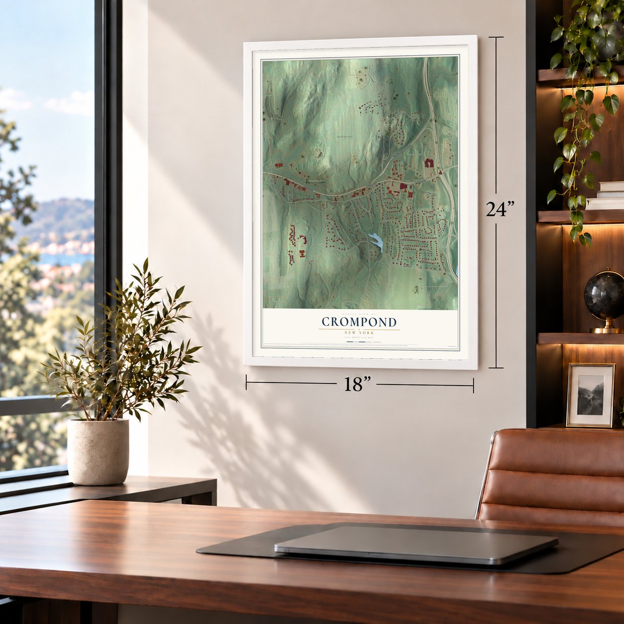 Crompond, New York map, 18 x 24 inch print in a white frame in a home office