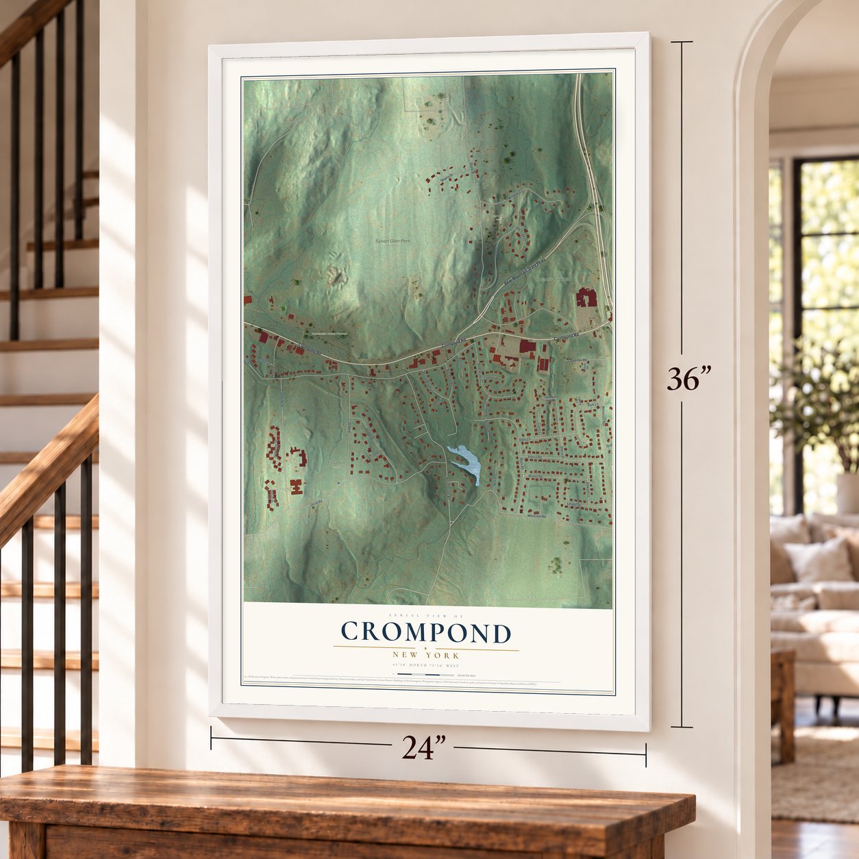 Crompond, New York map, 24 x 36 inch print in a white frame by a staircase