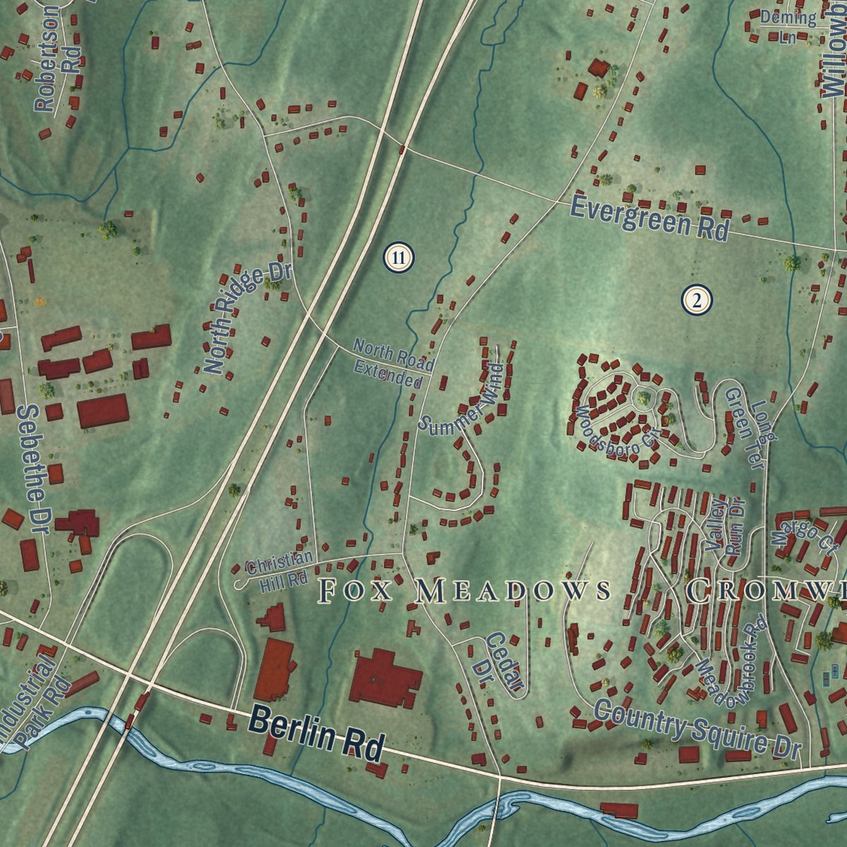Second close-up of the map of Cromwell, Connecticut print showing more streets and buildings