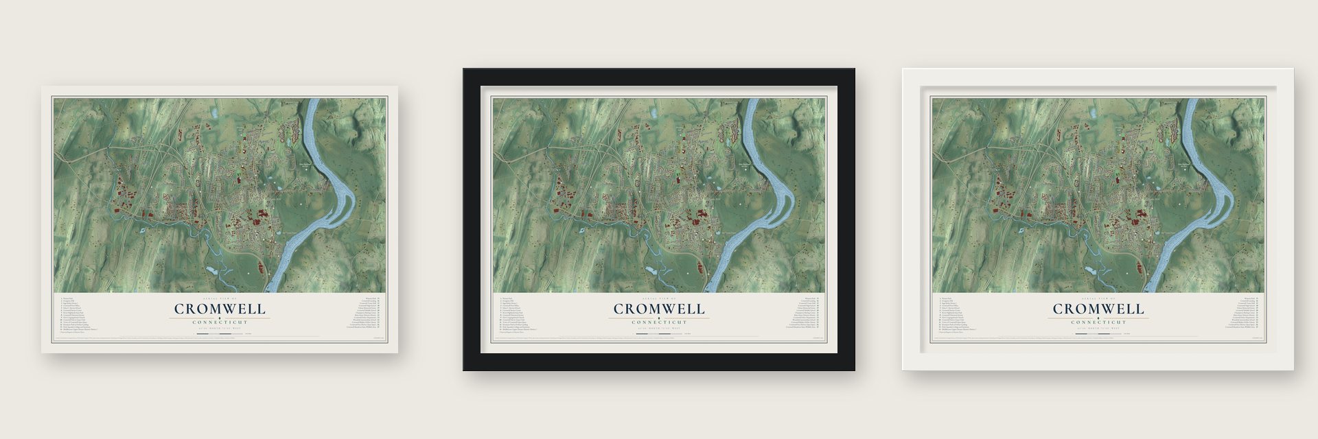 Cromwell, Connecticut map unframed, in a black wood frame and in a white wood frame